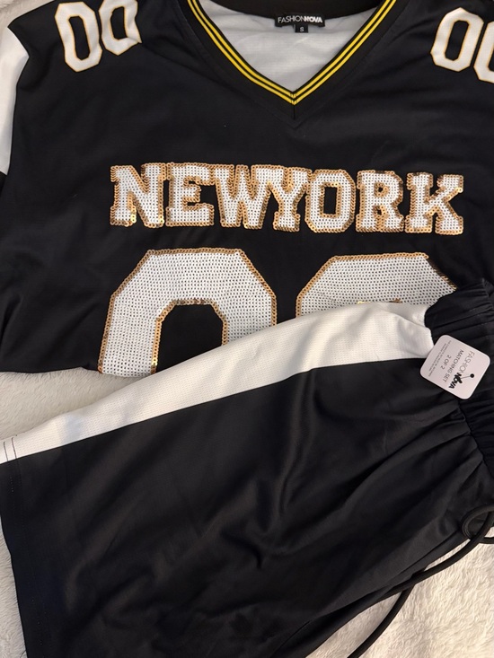 Fashion Nova Tops - Two Piece Set Black, White & Gold V-Neck Jersey W/ Shorts